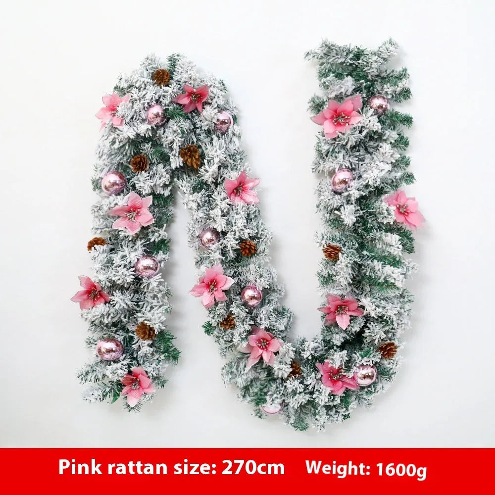 Christmas rattan garland with flocking texture in multiple colour options for festive decoration