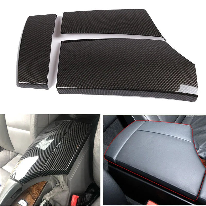 Three-piece set of glossy black ABS car armrest box covers with a carbon fibre weave pattern.