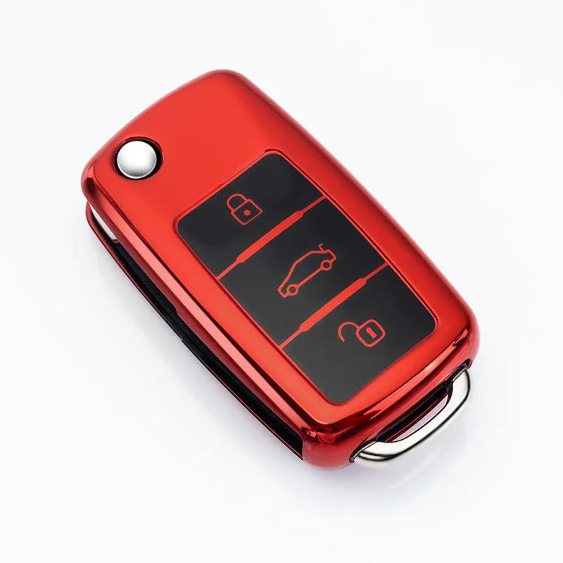 VW Model A folding car key inside a TPU protective case in blue, silver, pink, and red colour options.