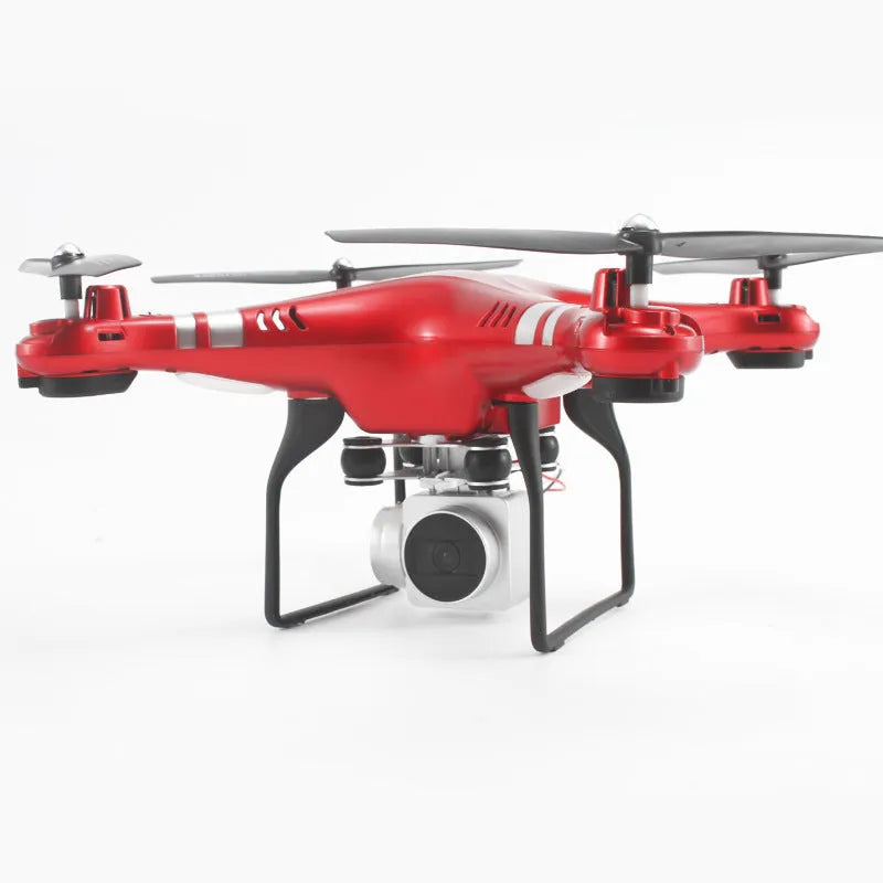 Black HD aerial photography drone with remote control handle, alloy construction, shown in flight