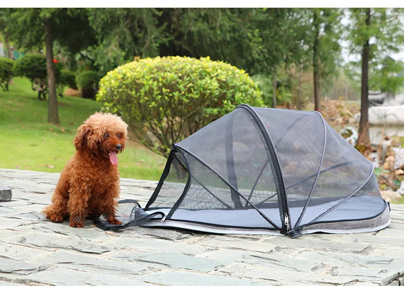Folding pet tent for cats with half-mesh side panels, shown in blue colour