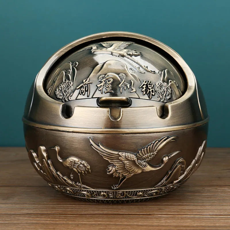 XL decorative alloy ashtray with smoke slot in bronze finish showing dragon and phoenix design