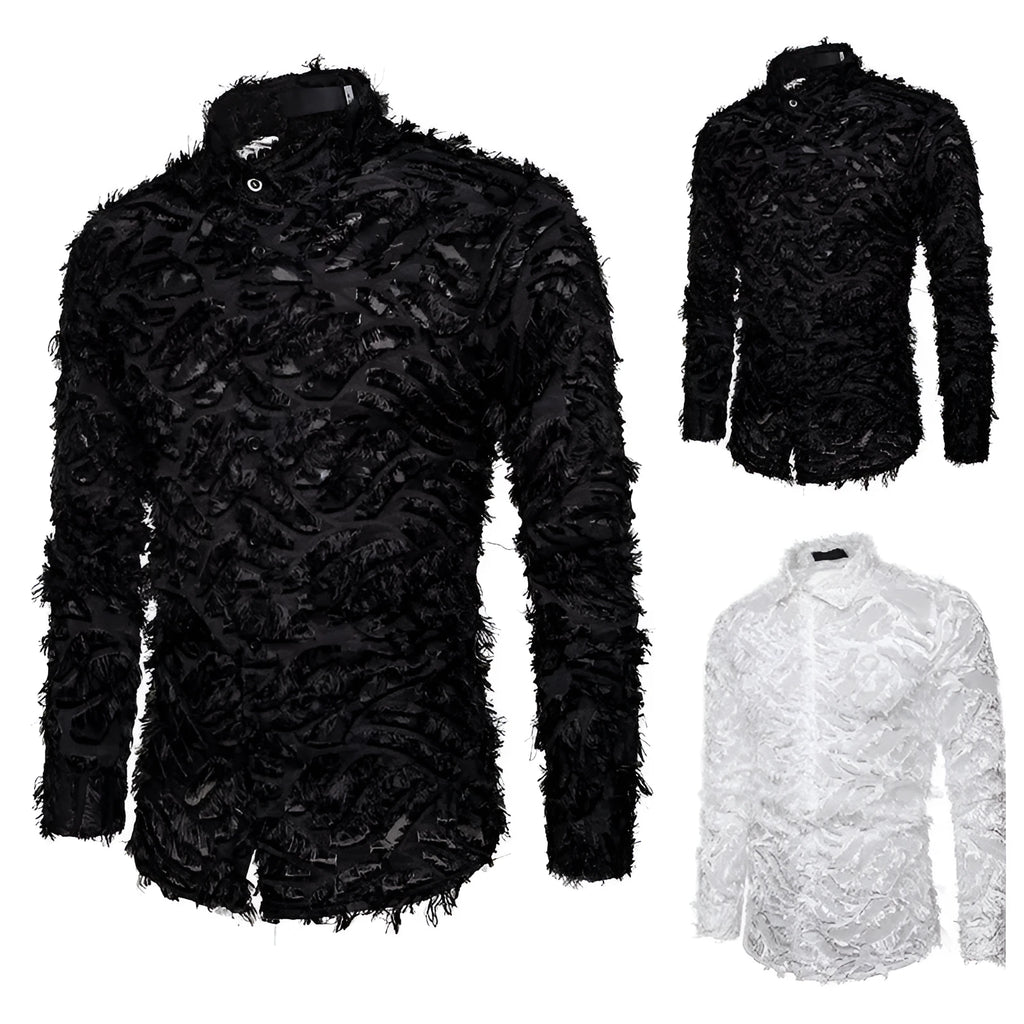 Feather tassel lapel shirt for men in black with non-iron cotton blended fabric