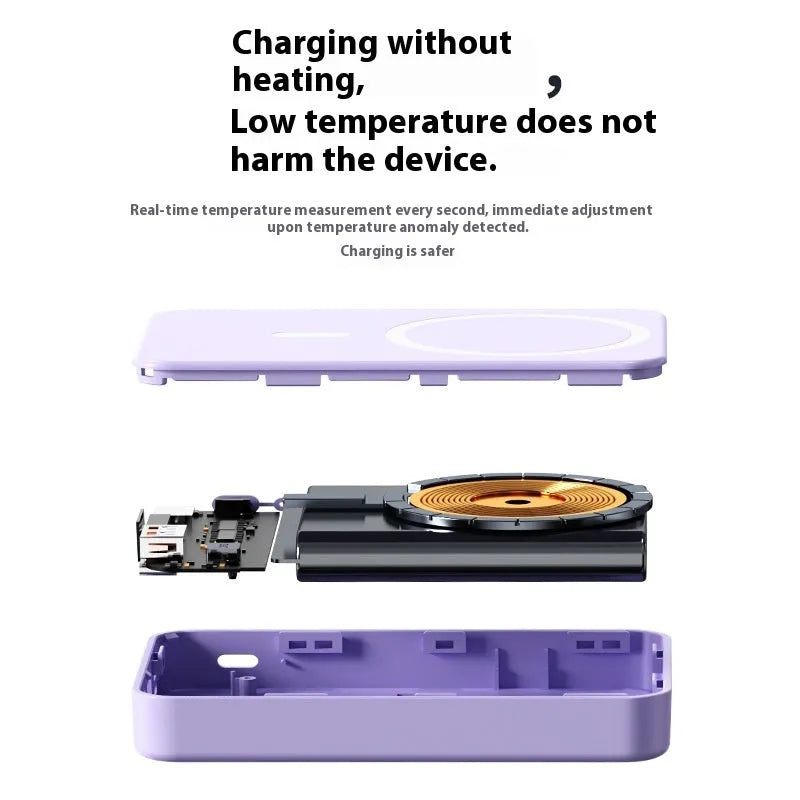 Magnetic wireless power bank with bracket in white, showing 10000mAh capacity and USB port, on a desk