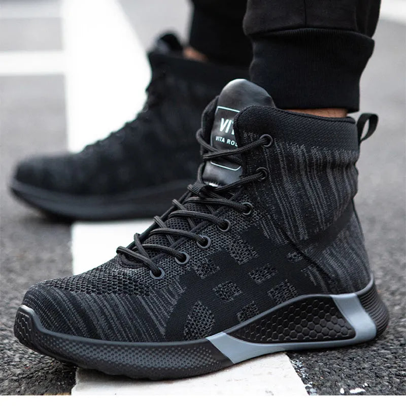 Winter plush safety boots for men with steel toe, anti-puncture sole, and lace-up design in black
