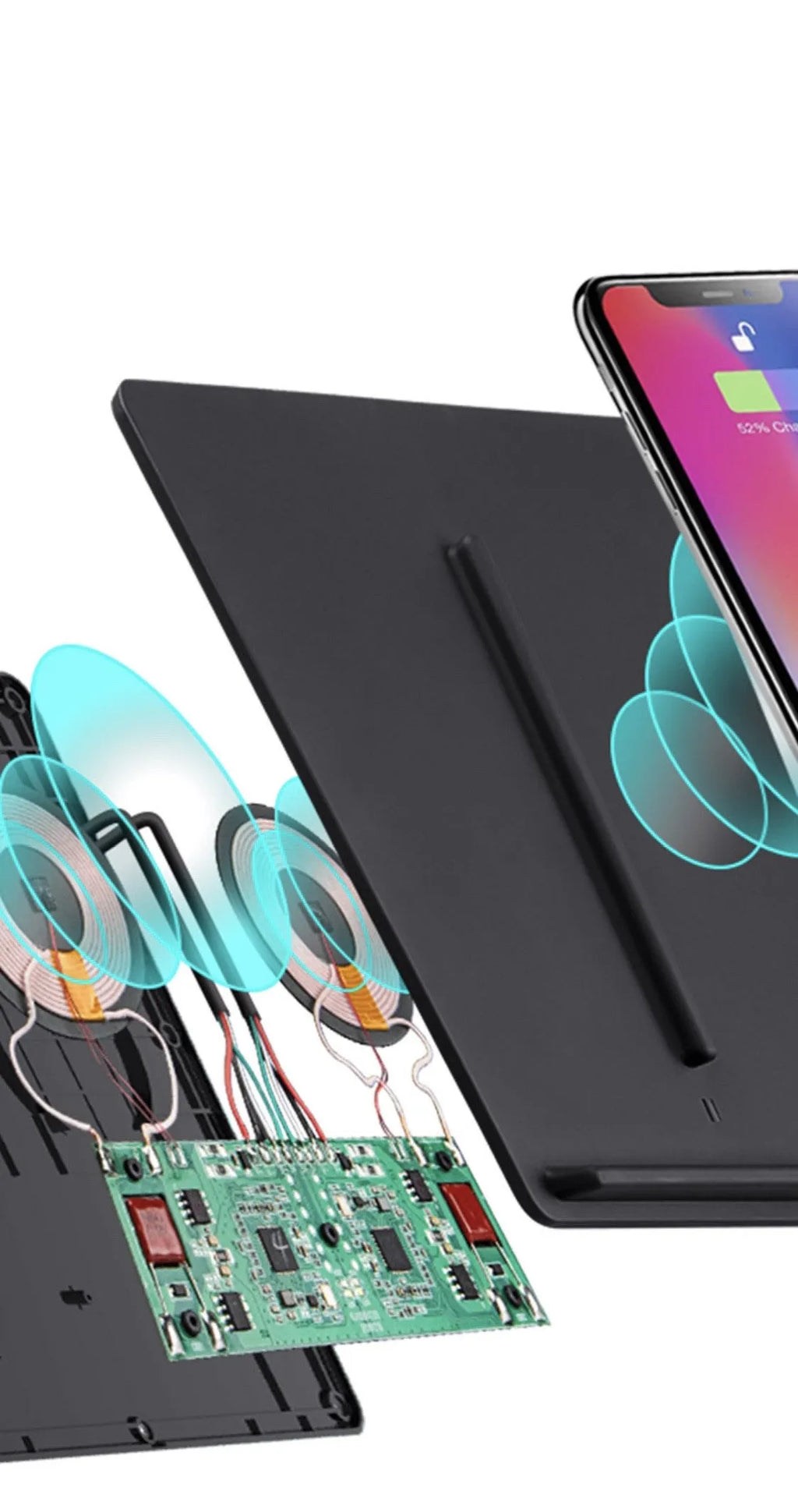 Tesla Model 3 black wireless car charger with dual coil and double separation line design, 19.2cm x 17.3cm x 1.8cm