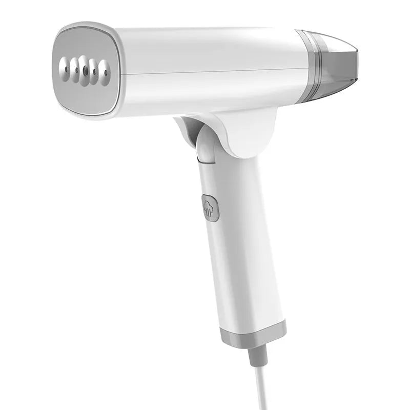 Blue handheld garment steamer with water tank and mechanical controls for clothing care