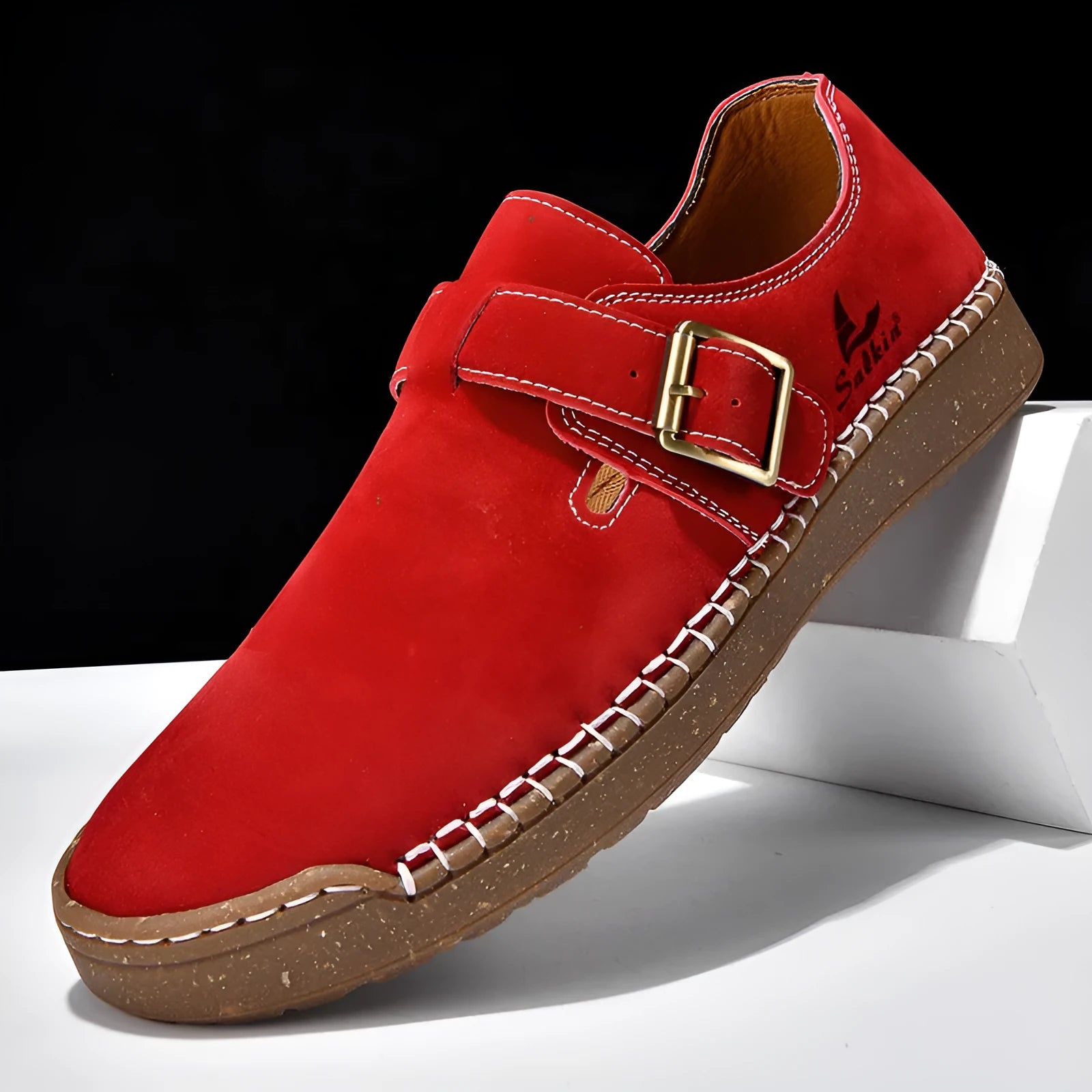 Women's low-top PU leather loafers with buckle fastening, flat heel, round toe, solid colour, sizes 36-45