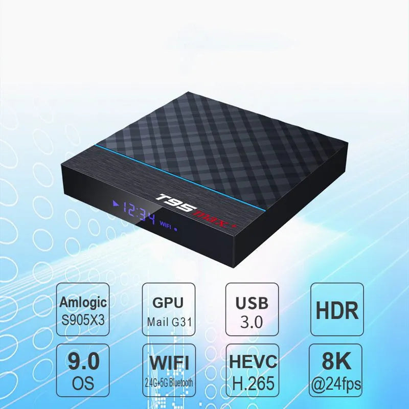 Black T95 Max Plus Android TV Box with remote control, showing ports for HDMI and power.