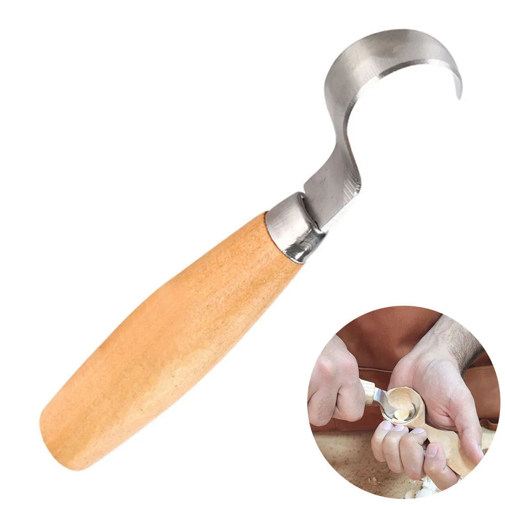 Spoon carving knife with stainless steel blade and wood handle for wood carving.