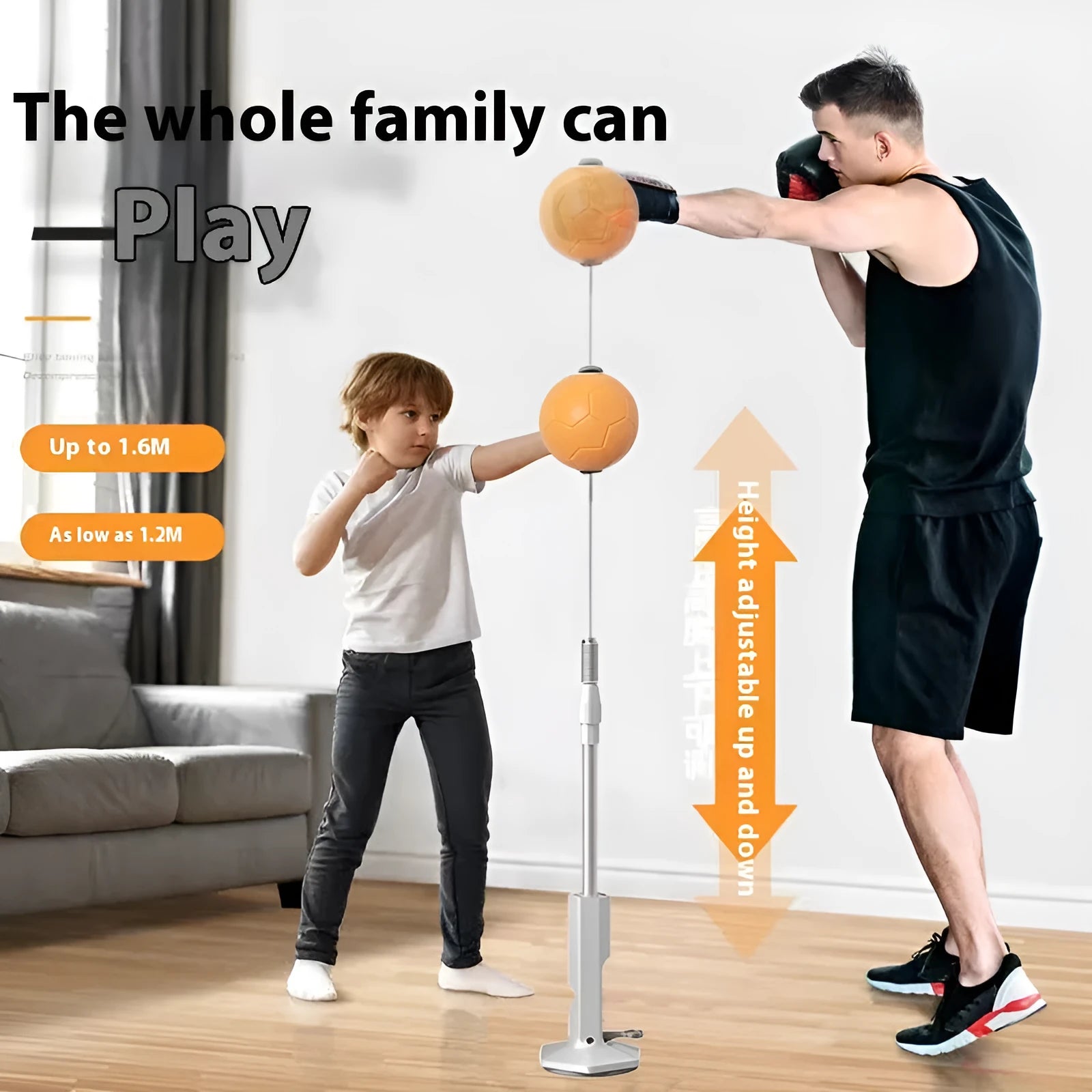 Vertical boxing reaction speed ball with roly-poly base and PU focus mitts in orange and grey colour options