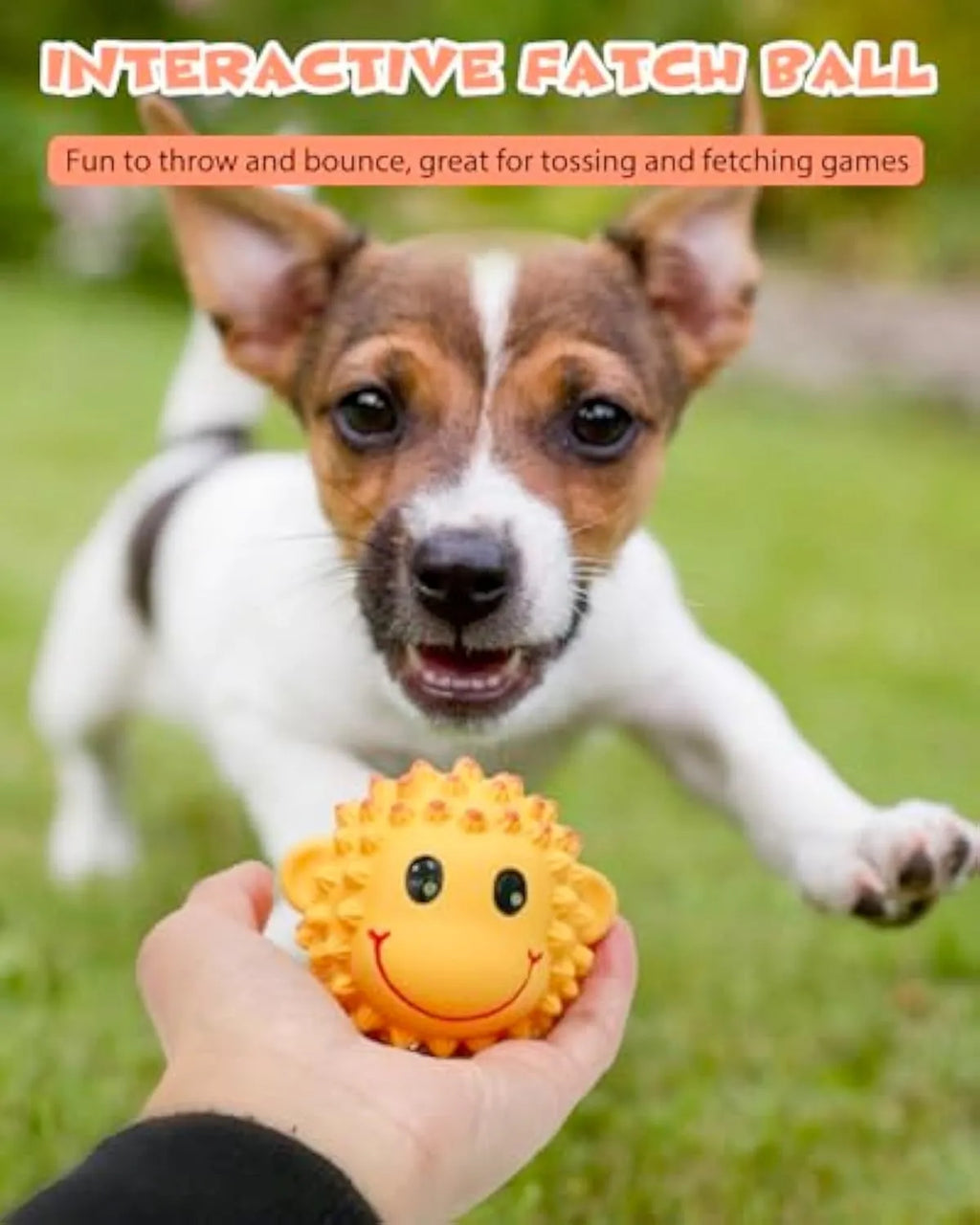 Orange and yellow spiky latex squeaky dog toy ball for small medium breeds