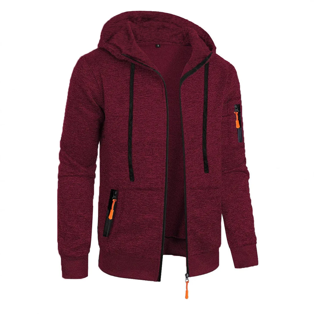 Men's loose fit polyester fibre hooded cardigan coat in solid colour jacquard knit, front view