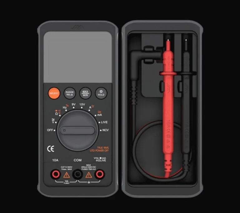 High precision digital multimeter with LCD display, black casing, 153 x 70 x 53 mm, battery powered.