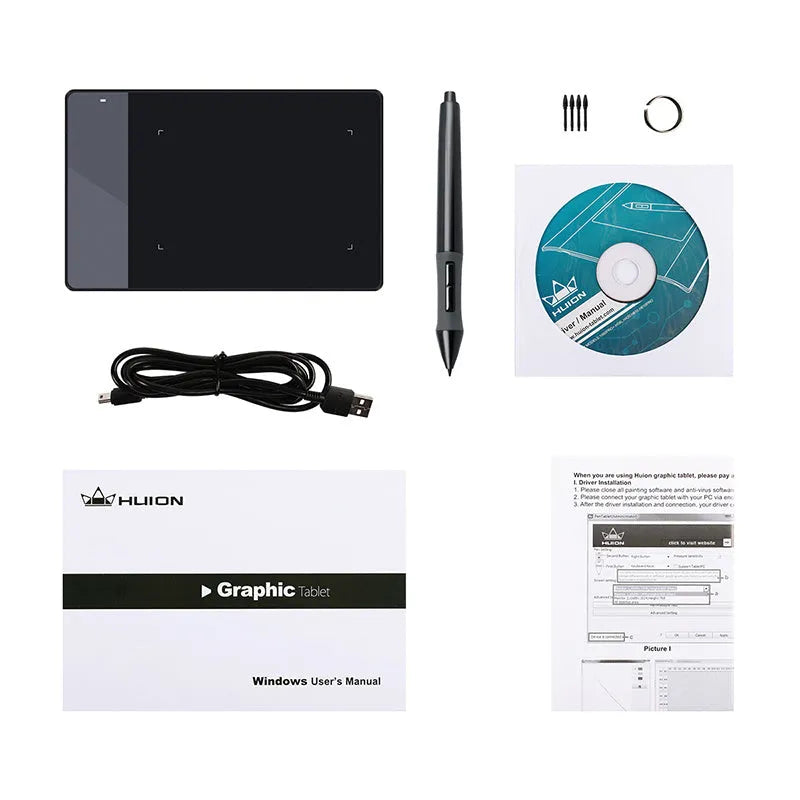 HUION 420 black electronic drawing board with USB connection, 4 x 2.23 inch work area and 2048 pressure levels