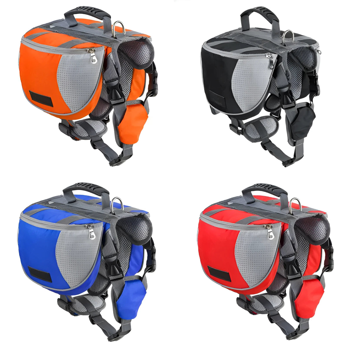 Dog hiking pack in black with adjustable neck straps, breathable mesh, and reflective tape for outdoor use