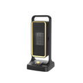 Black PTC ceramic desktop air heater with control knob showing compact dimensions