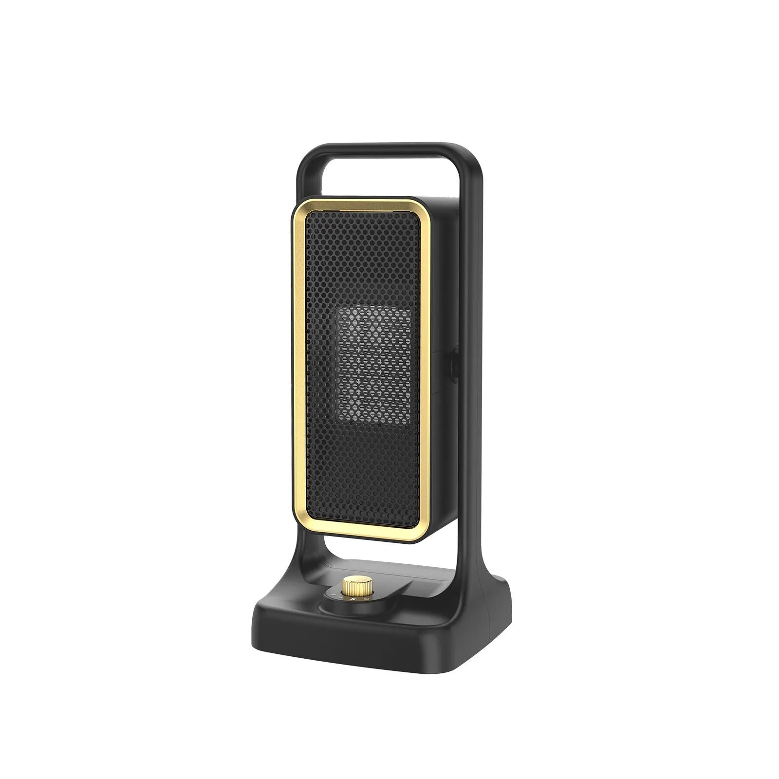 Black PTC ceramic desktop air heater with control knob showing compact dimensions