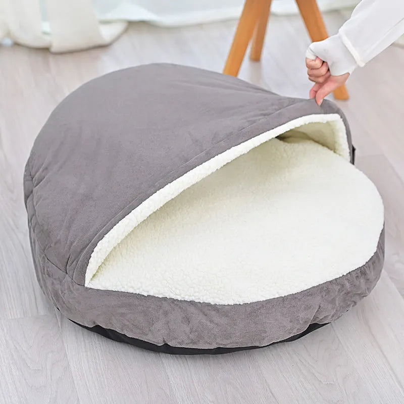 Brown and grey cloth dog kennel with removable washable cover in S and M sizes
