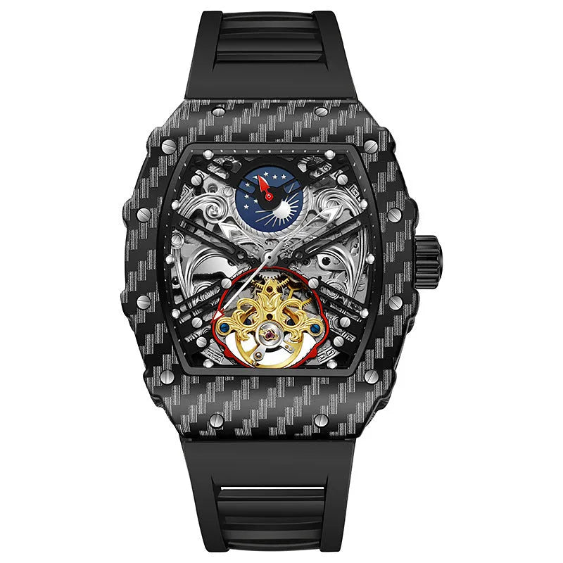 Mechanical waterproof luminous men's watch with black dial and red rubber strap