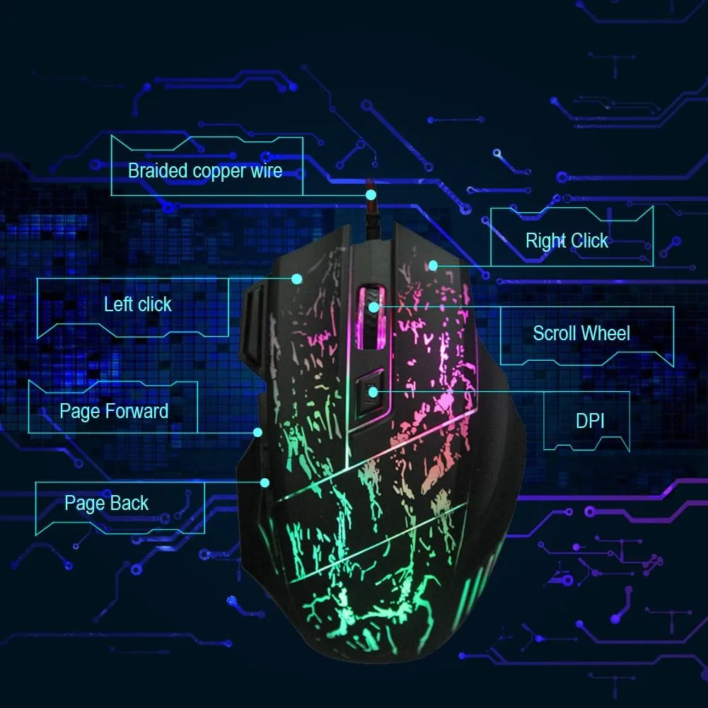 Black transparent wired optical gaming mouse with LED lighting and USB cable