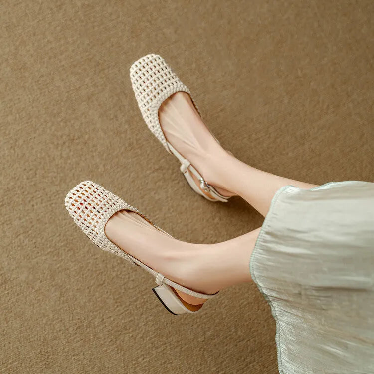 Women's woven hollow-out closed toe sandals with 4cm chunky heel and square head scaffolding shape