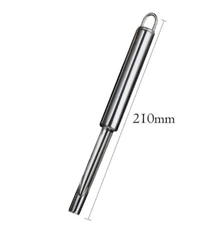 Stainless steel pineapple corer slicer with black plastic handle on a kitchen worktop.