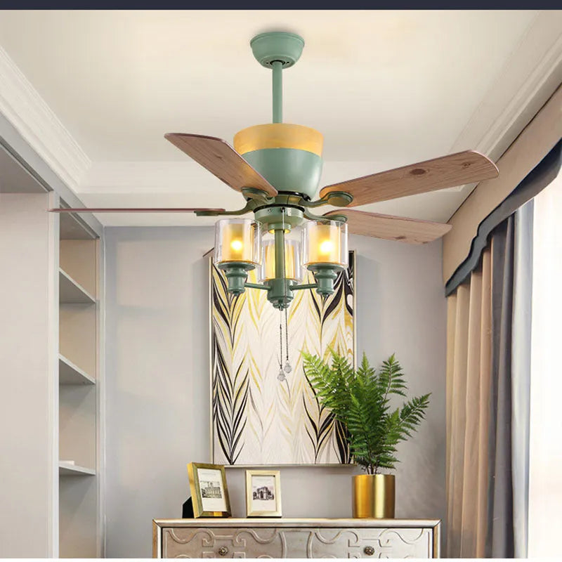 Dark green American style ceiling fan lamp, 120cm diameter, iron glass and wood leaf, E27 x 3 light source