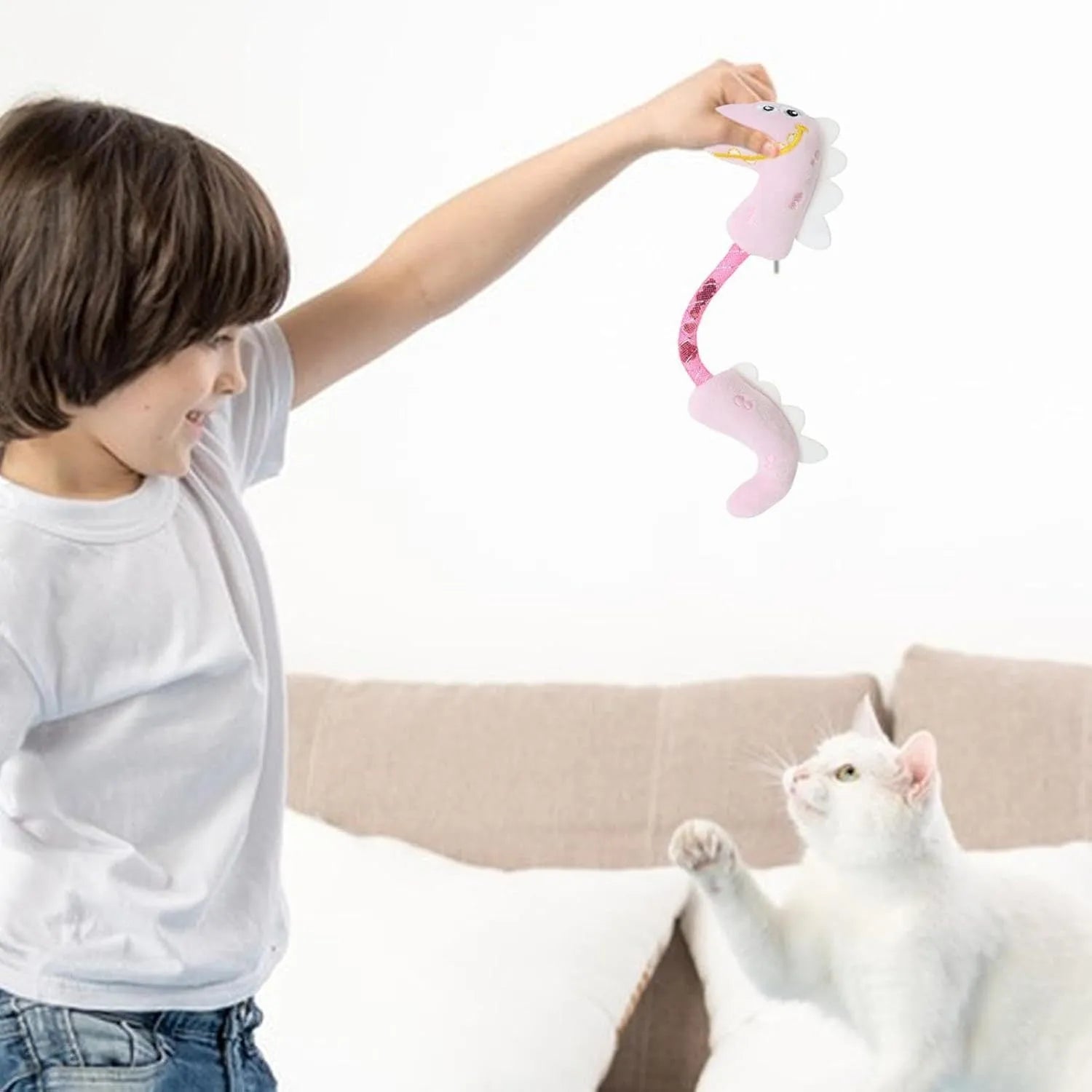 4-piece cat toy bundle showing chew rope, plush mouse, fish, and bunny toys in assorted colours