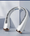 Bladeless neck fan with refrigeration and 4000mAh battery shown in blue, lightweight design for hands-free use