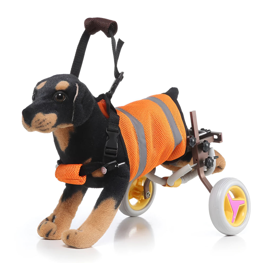 Grey dog wheelchair with adjustable frame, two wheels, and carrying handle on a light background
