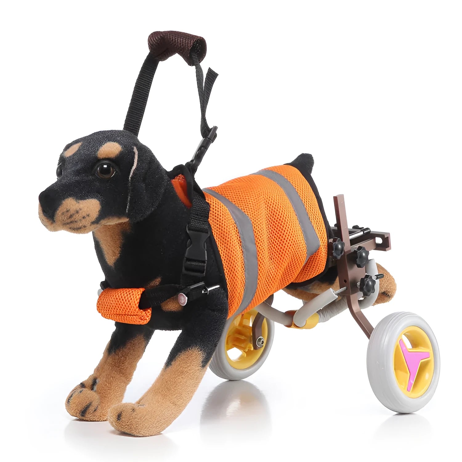 Grey dog wheelchair with adjustable frame, two wheels, and carrying handle on a light background