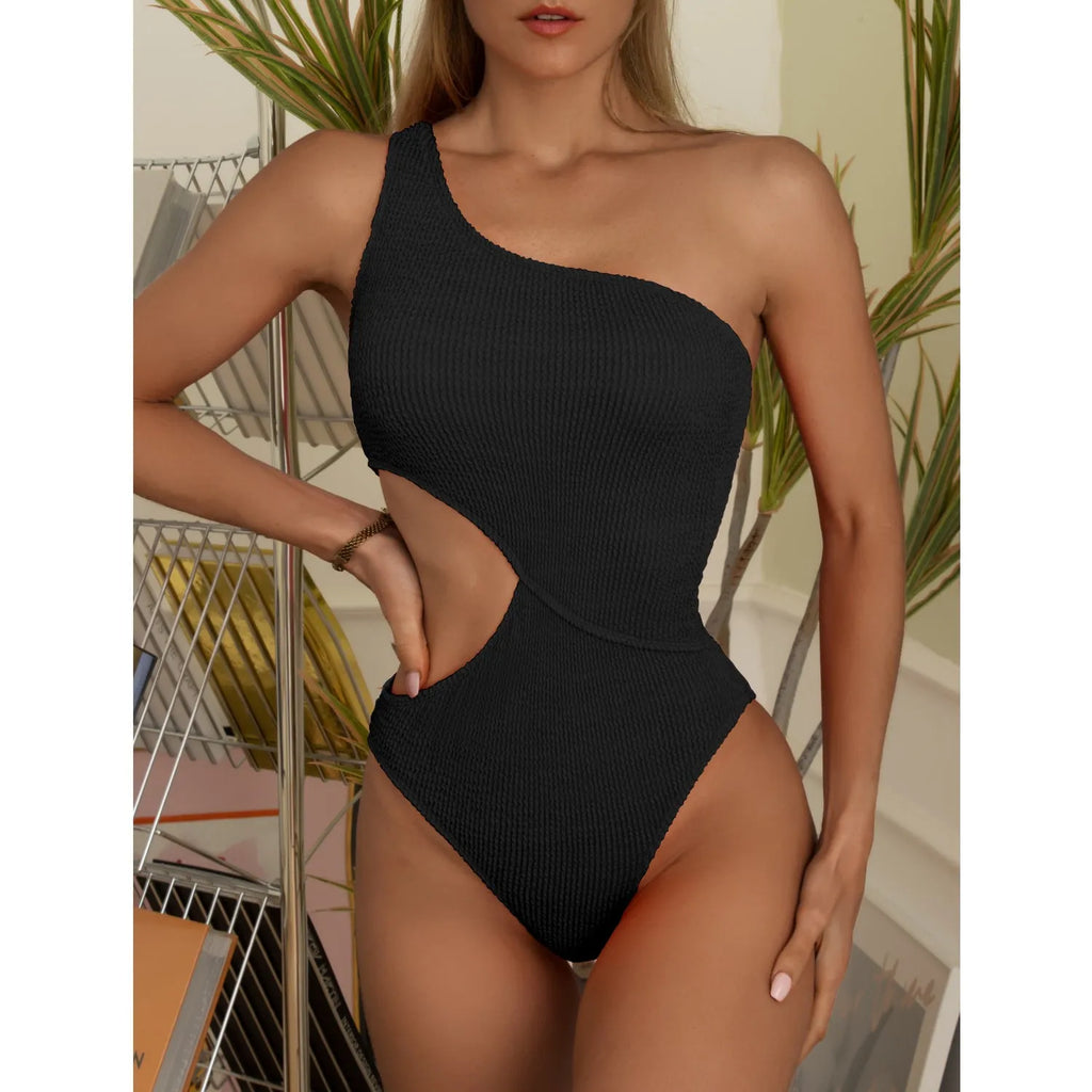 Solid colour women's one piece one shoulder swimsuit in polyester, available in multiple colours