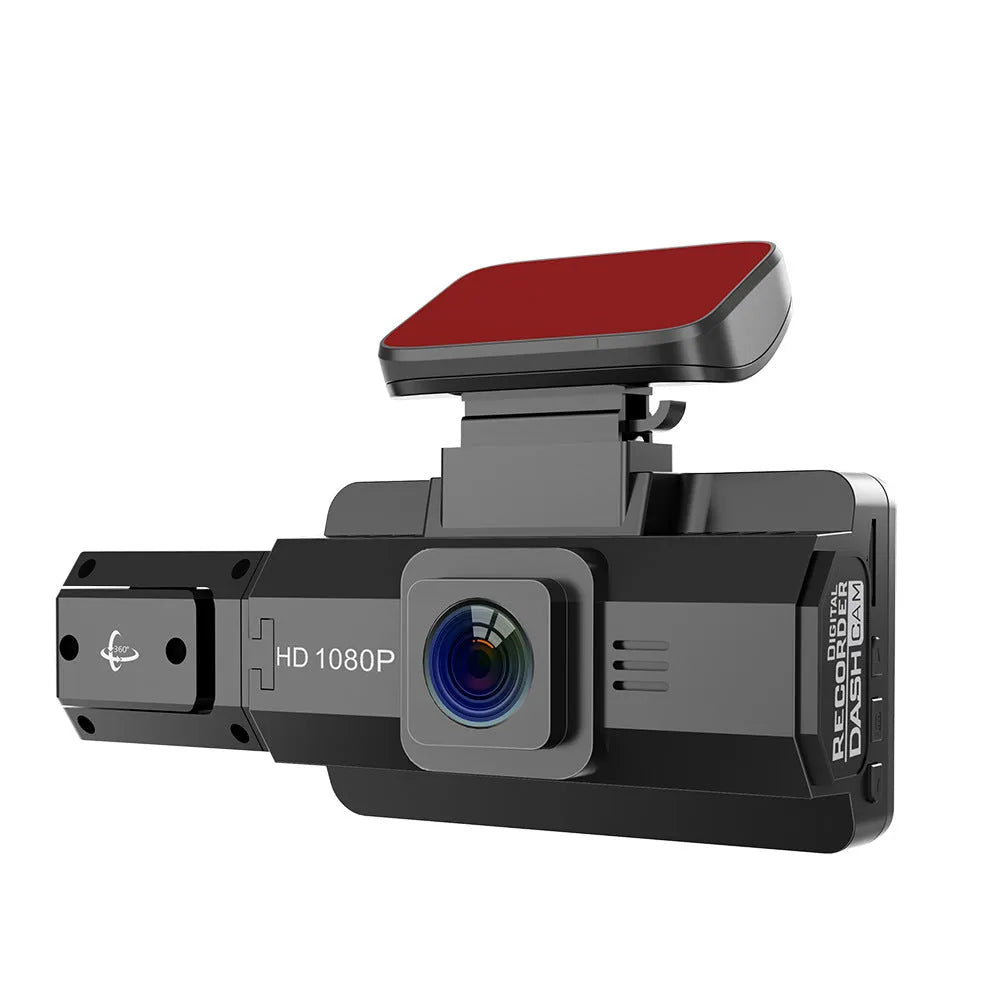 Front view of a car dashboard camera with a 3-inch screen mounted on a windscreen.