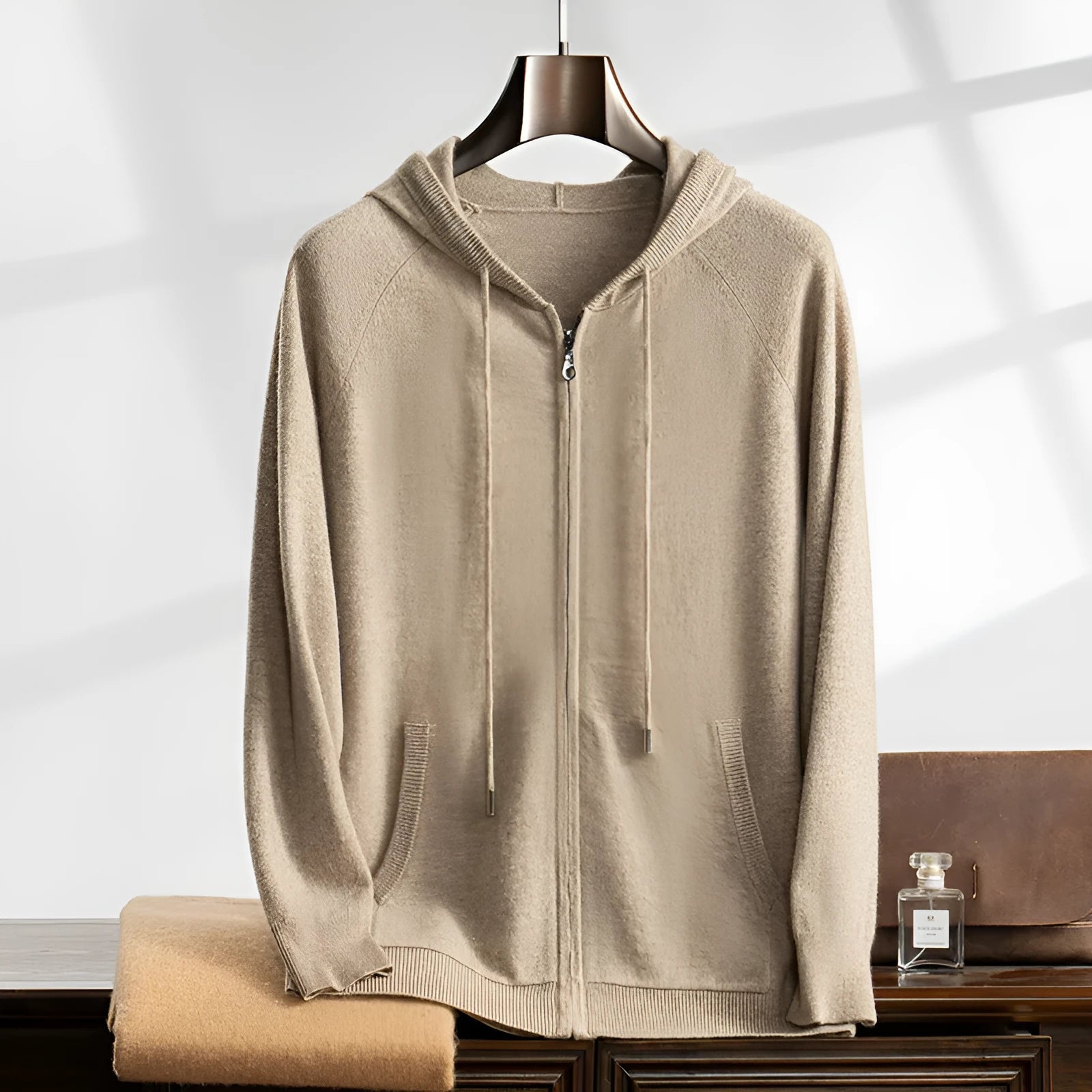 Men's cashmere zip-up knit cardigan jacket in Elegant Camel, loose fit, hooded, front view