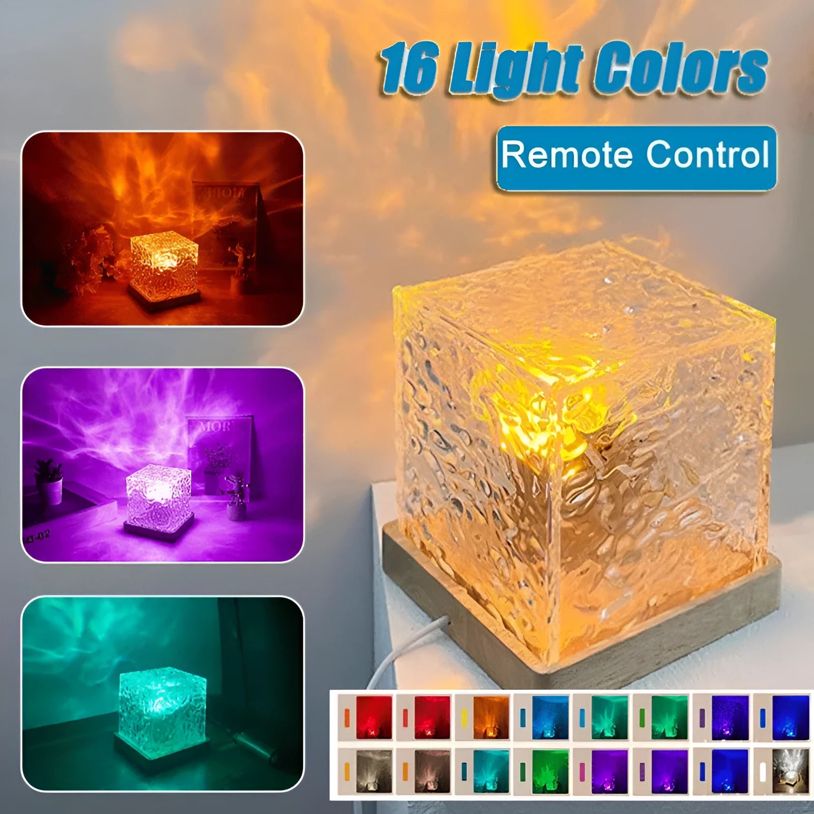 Modern geometric crystal table lamp projecting blue water ripple light pattern on a wall.
