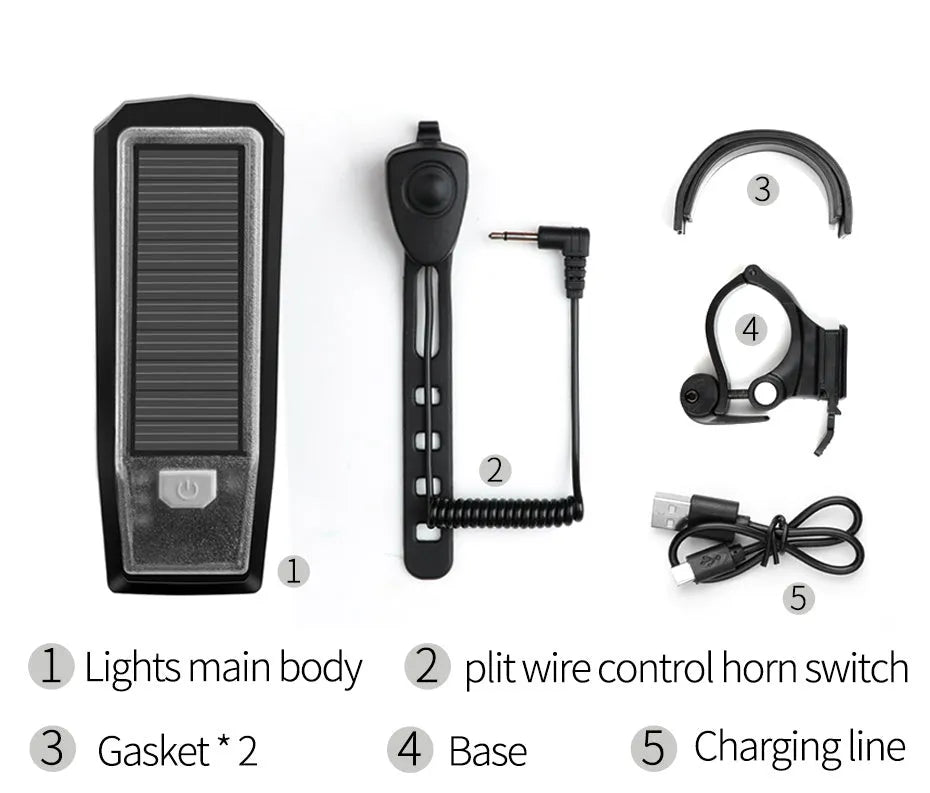 Solar horn light with T6 lamp beads and 2000mAh battery in black red colour, 107x40x35mm