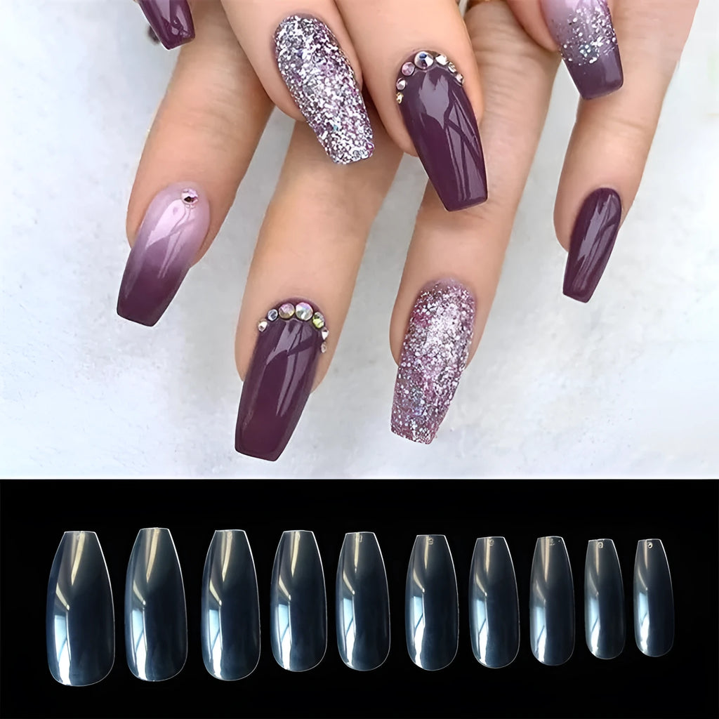 500 transparent natural ABS artificial fake nails in 10 sizes for professional and home nail art.