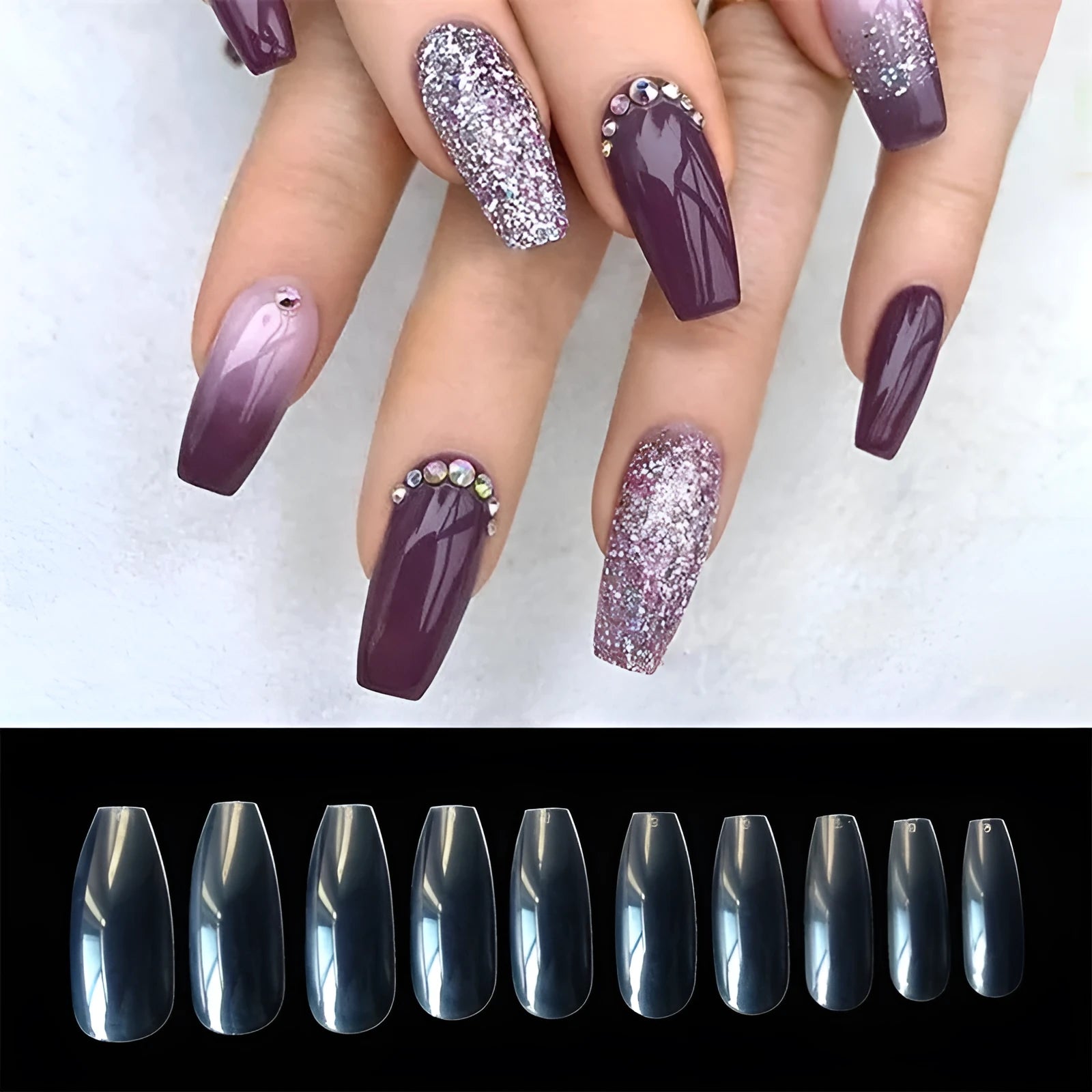 500 transparent natural ABS artificial fake nails in 10 sizes for professional and home nail art.