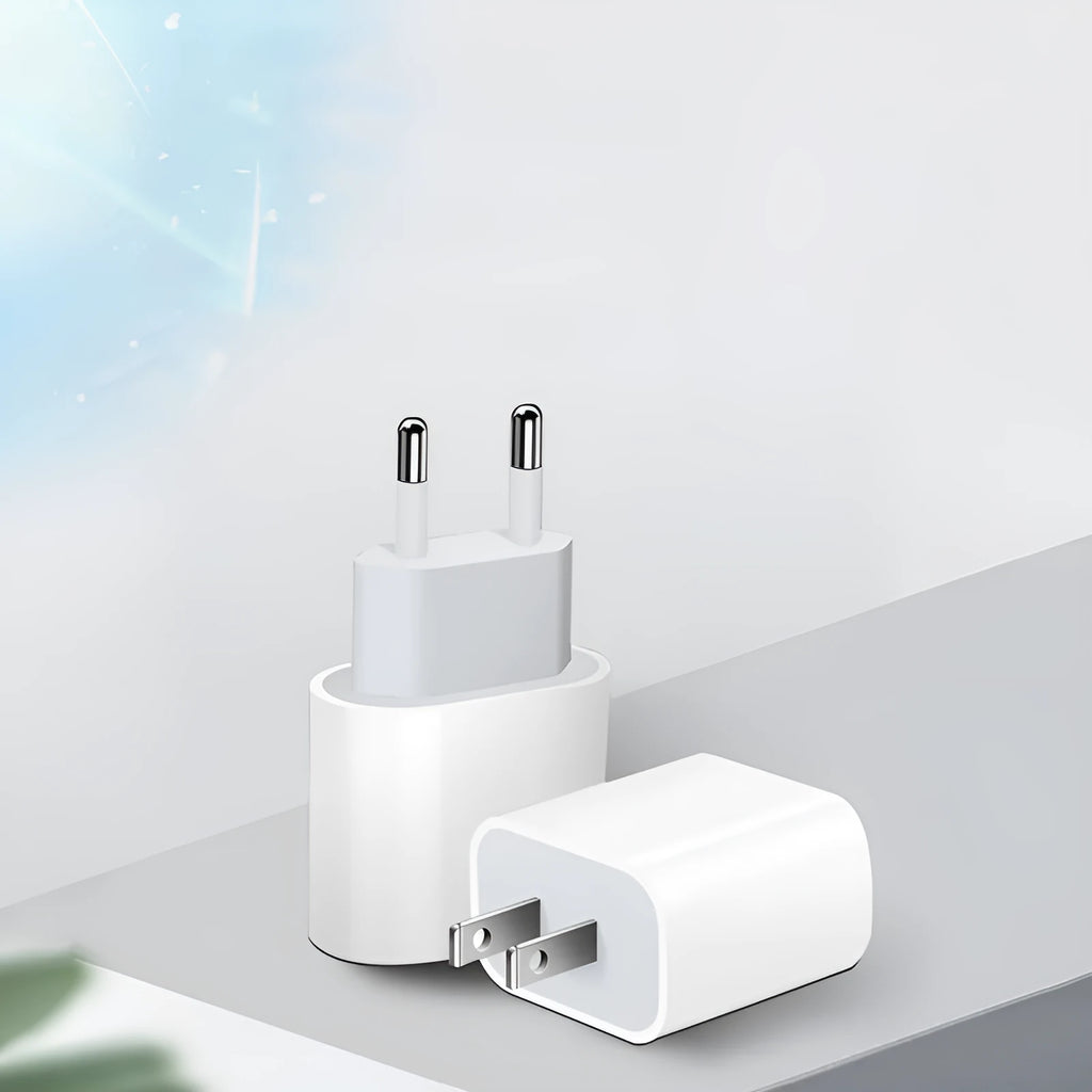 White 20W USB-C PD wall charger with either a US or European plug style.
