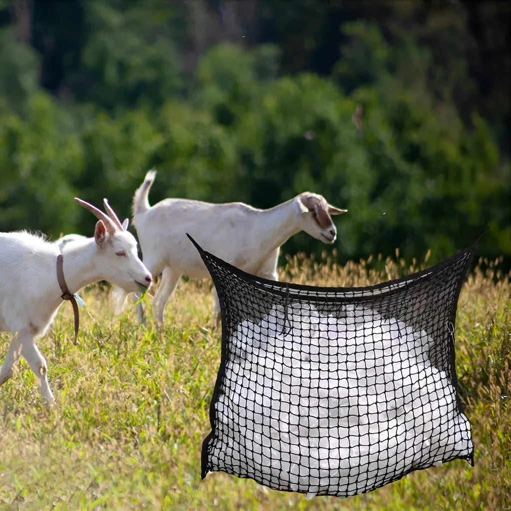Woven PE rope horse feeding bag hanging with grid design in black colour