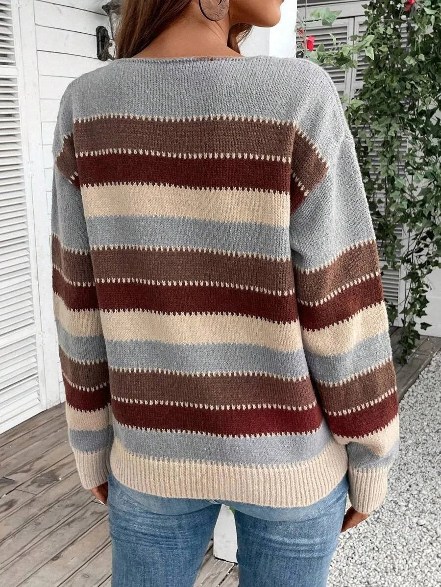 Women's striped colourblock pullover sweater in polyester, shown in black, blue, and grey.