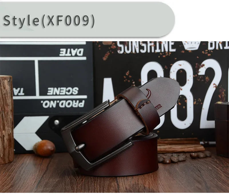 Men's two-layer cowhide leather belt with square alloy pin buckle in black finish