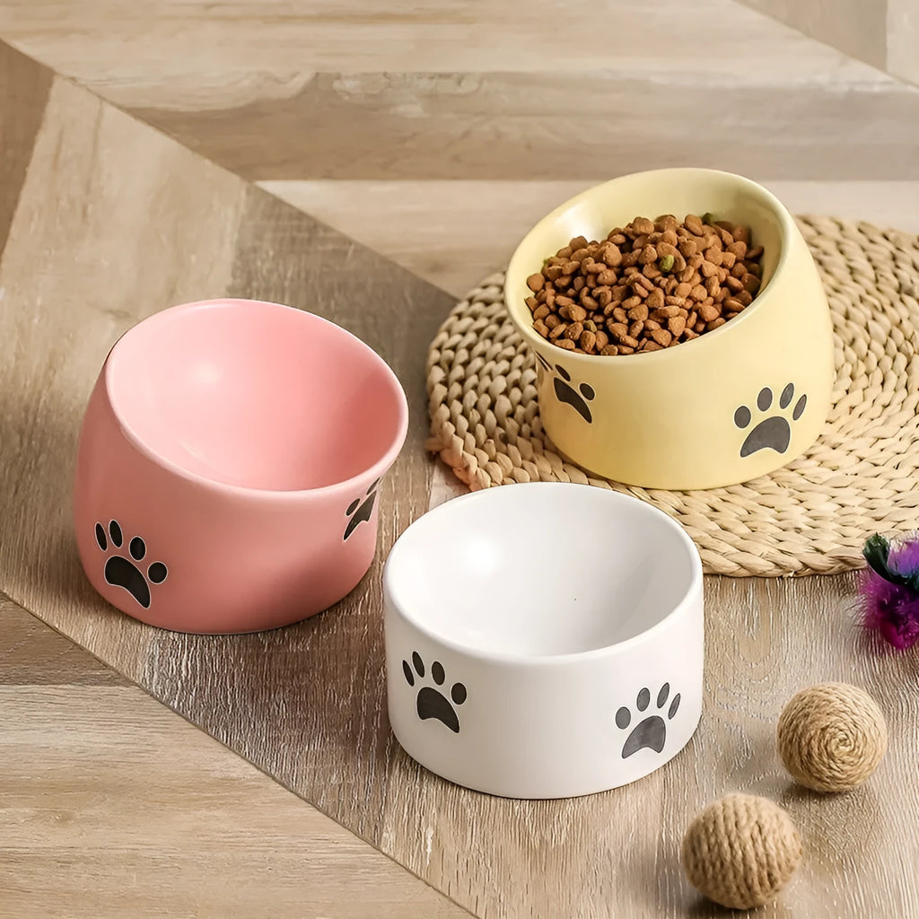 Ceramic cat food bowl with high foot and cat's paw print in chosen colour.