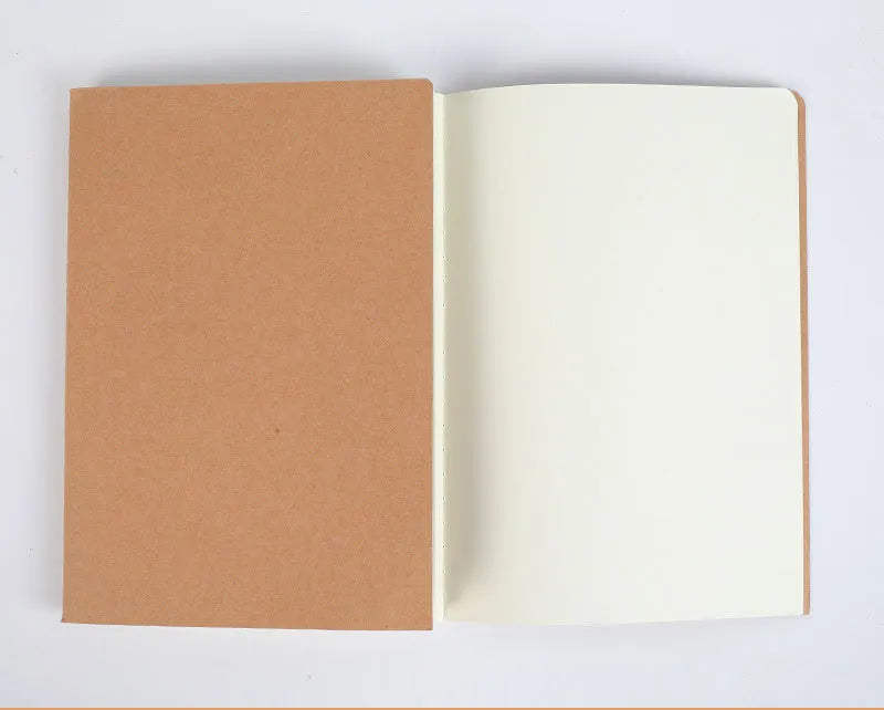 Thread-bound paper notebook with soft beige cover, open to blank pages, 16K or 32K size, multiple interior styles available