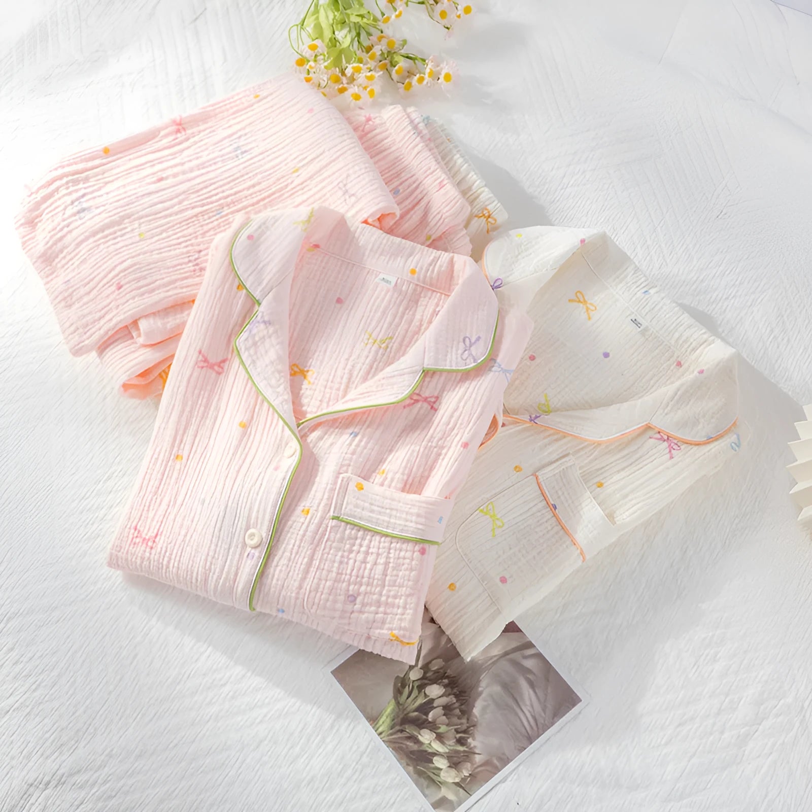Women's cotton pajama set in pink or beige with long sleeves and trousers