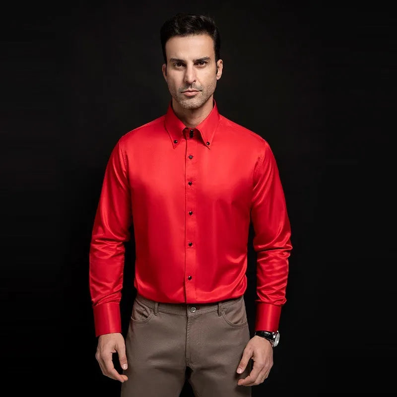 Men's high-neck long sleeve slim fit polyester shirt with crystal buttons in white, black, navy, or wine