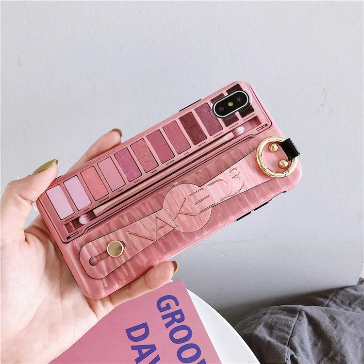 Rose red phone case with wristband and eye shadow box compatible with iPhone 7 8 Plus X XR XS Max