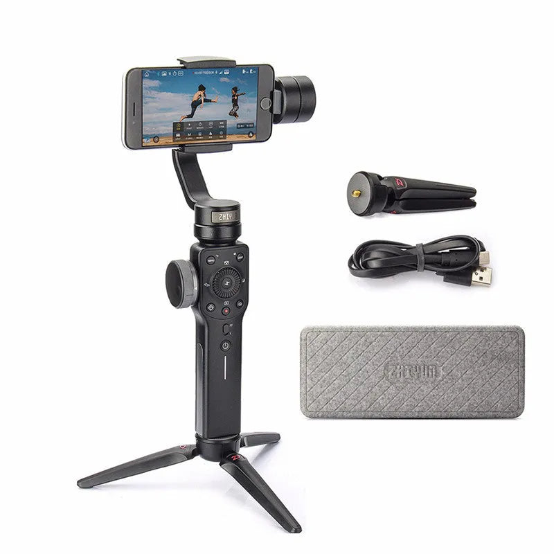 Black handheld smartphone gimbal stabiliser for video filming on a dark background.