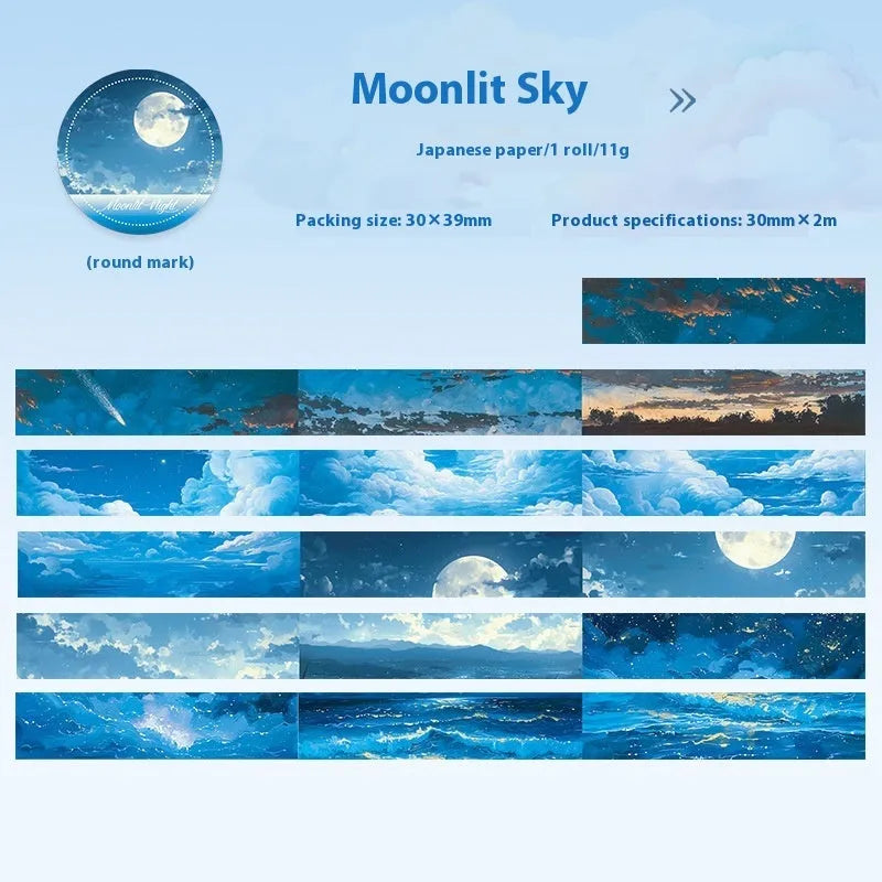 Japanese paper sky theme washi tape showing six colour variations including twilight and moonlight sky patterns